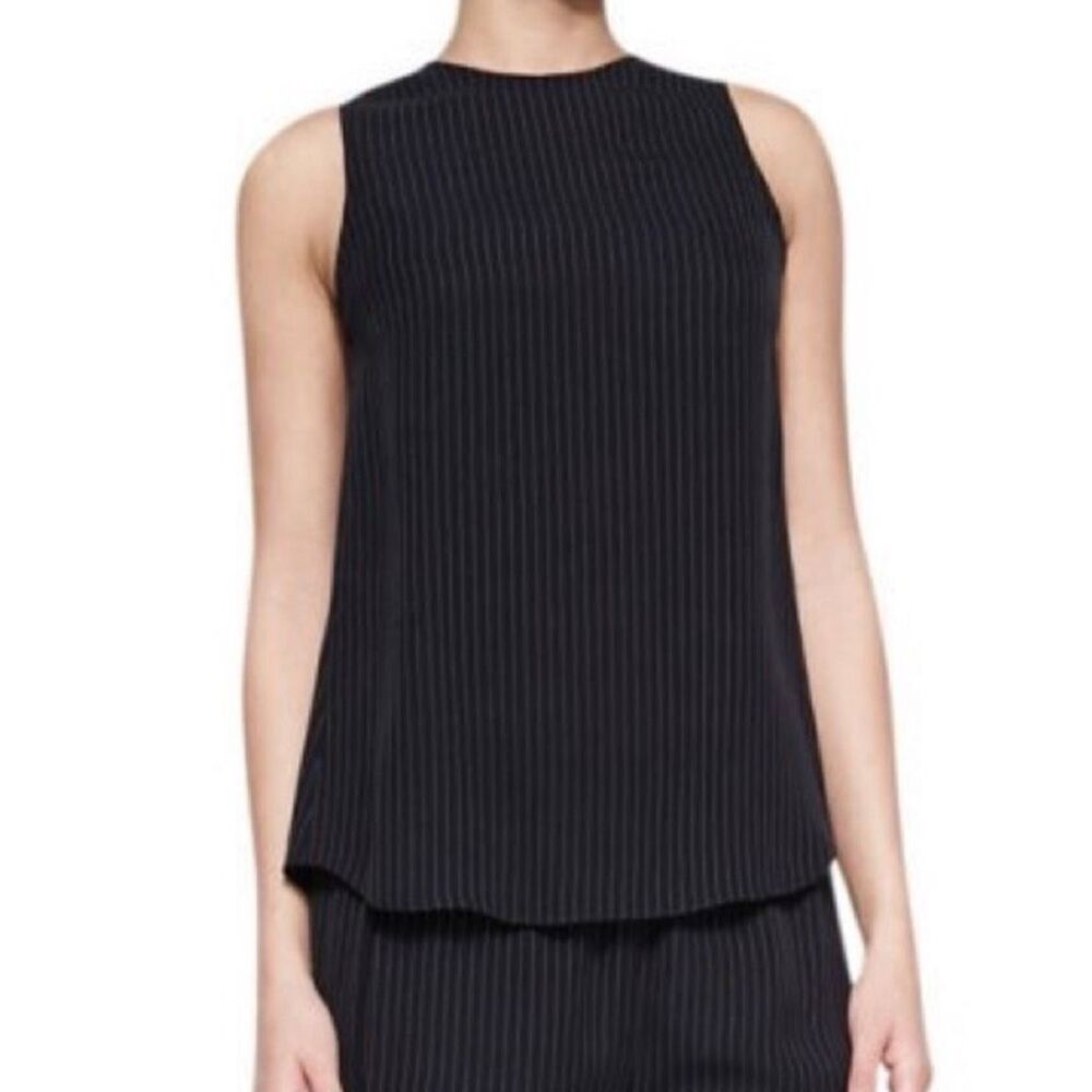 Theory NWOT ‘Brennia’ Silk Pinstripe Sheer Shell Blouse Top in Black Size Medium
